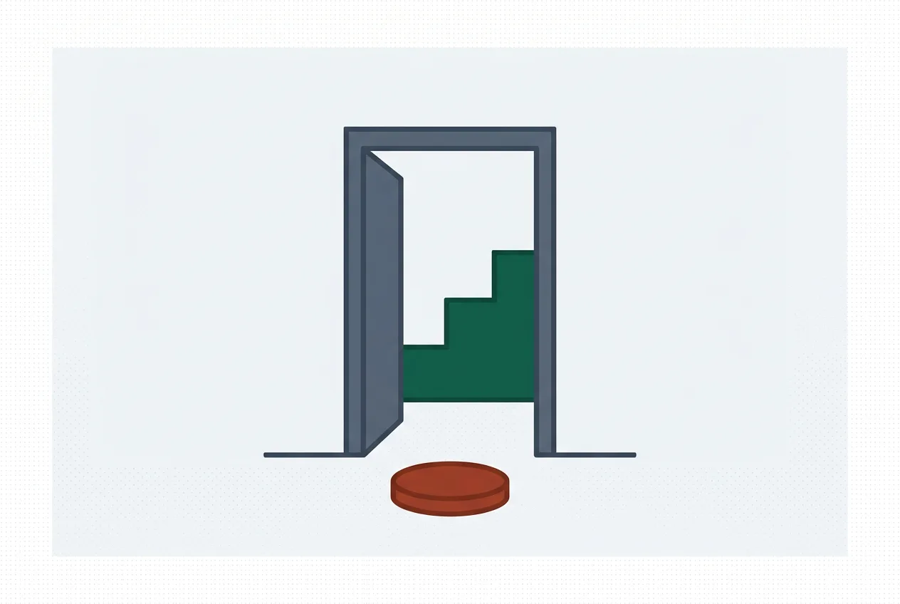 Illustration of a doorway opening onto a rising staircase with a single coin on the floor in front