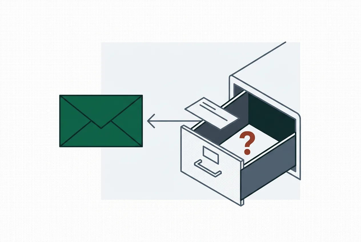 Illustration of a mostly empty filing drawer returning a single thin document to an envelope
