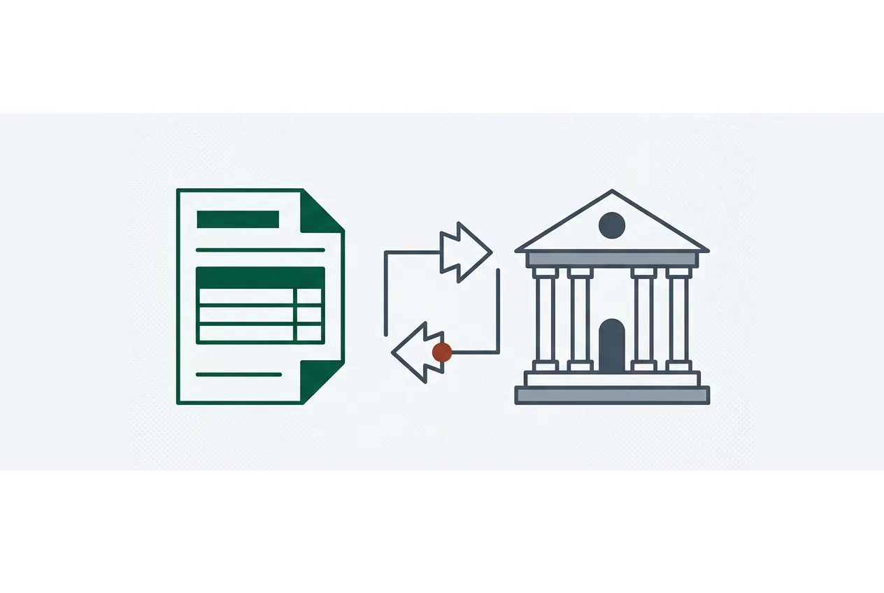 Illustration of a document and an institution connected by a loop of two arrows