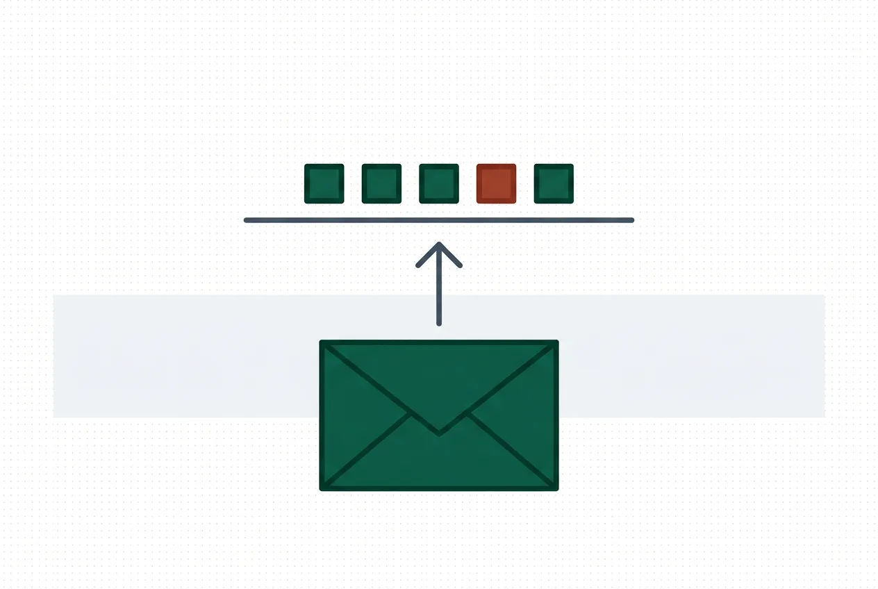 Illustration of an envelope with an arrow rising toward a row of ledger marks, one of them red
